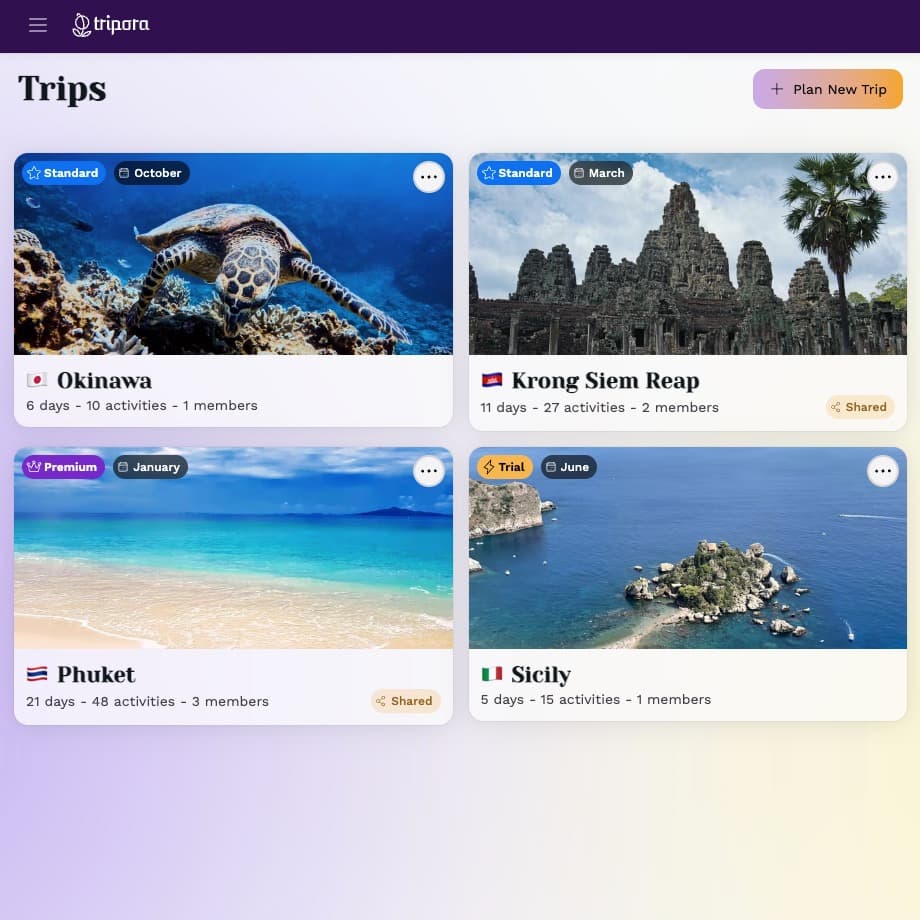 Trip list dashboard with multiple trips